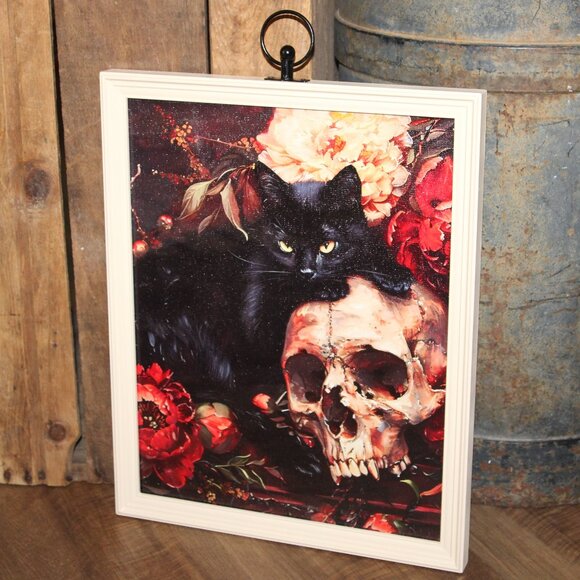 Dark Moody Black Cat Floral & Skull Gothic Farmhouse Halloween Wall Decor - Picture 1 of 5